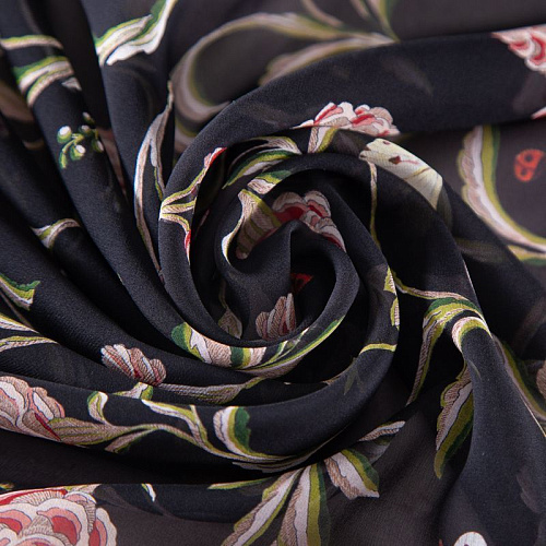 Креп-шифон шелковый 027-19853 черный принтованный